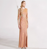 sequined column dress with floral shoulder applique – ZINA
